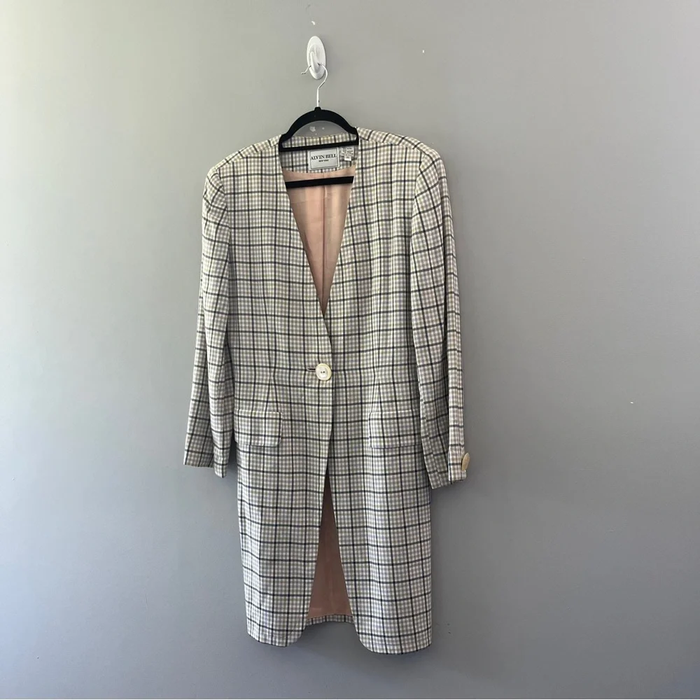 Vintage Alvin Bell Long Blazer Jacket Plaid Collarless Womens Size 10